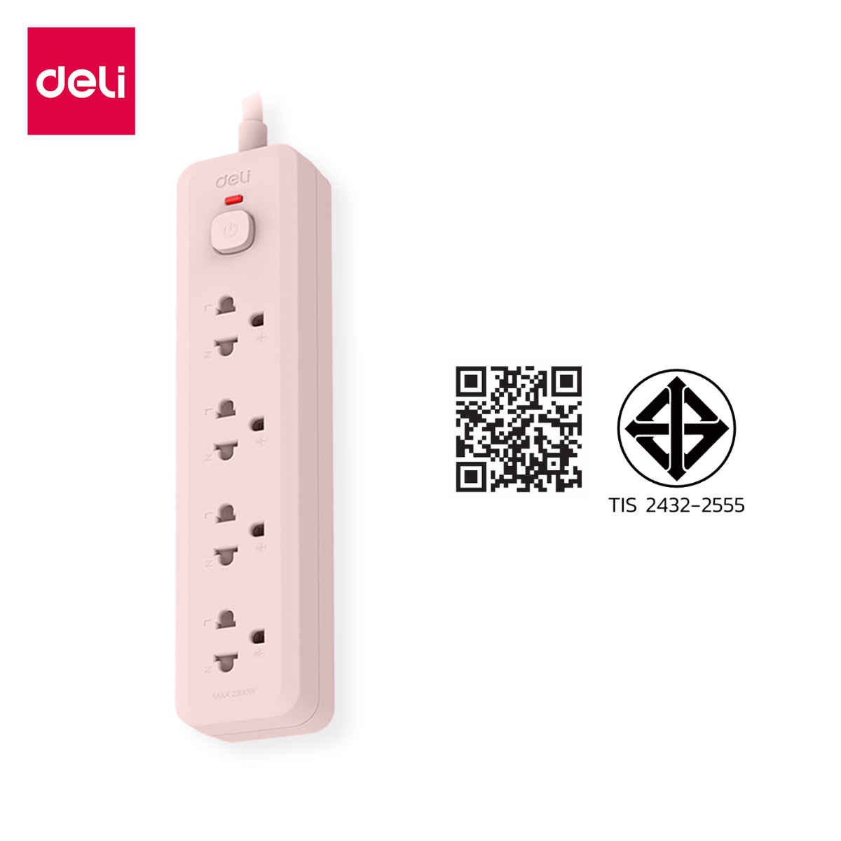 รางปลั๊กไฟ 4ช่อง 3M 1สวิตซ์ Deli CT484-PK-01 สีชมพู_0